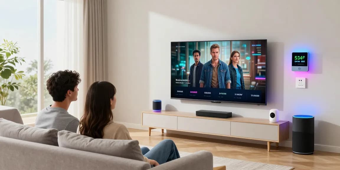 Couple enjoying the best smart home gadgets 2026 in a modern living room with smart lighting, speakers, and a smart thermostat.