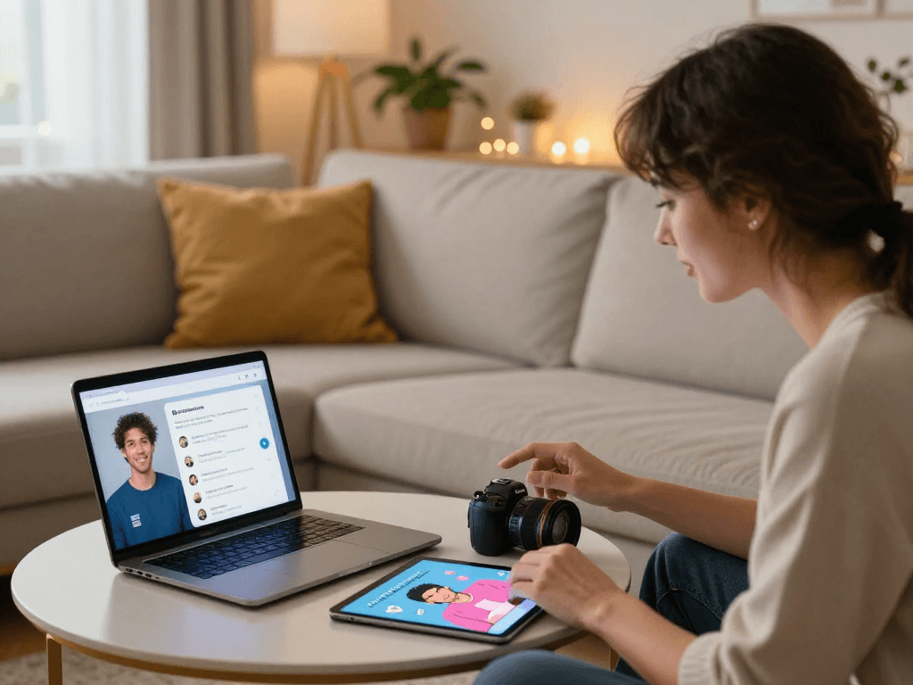 Couple exploring a sex AI app on devices in a cozy living room.