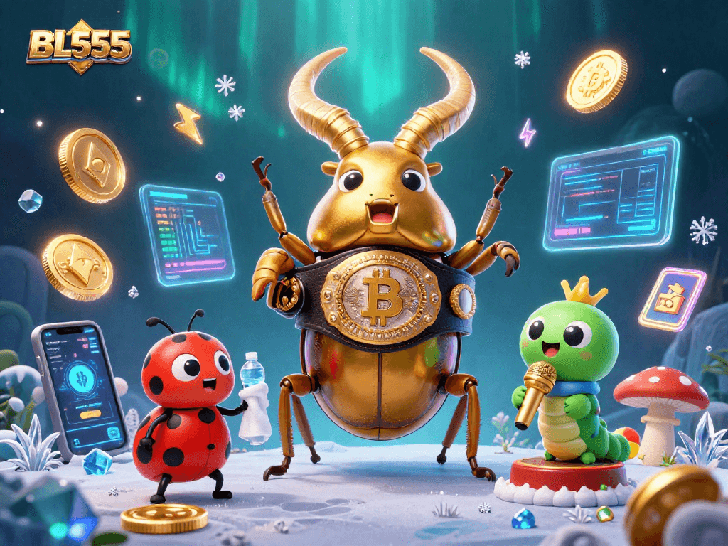 Compete and win with BL555 as the golden stag beetle battles in a vibrant casino arena.
