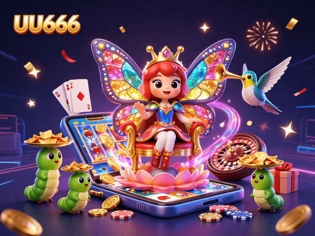 Experience the excitement of UU666 with a magical butterfly queen and dynamic casino elements.