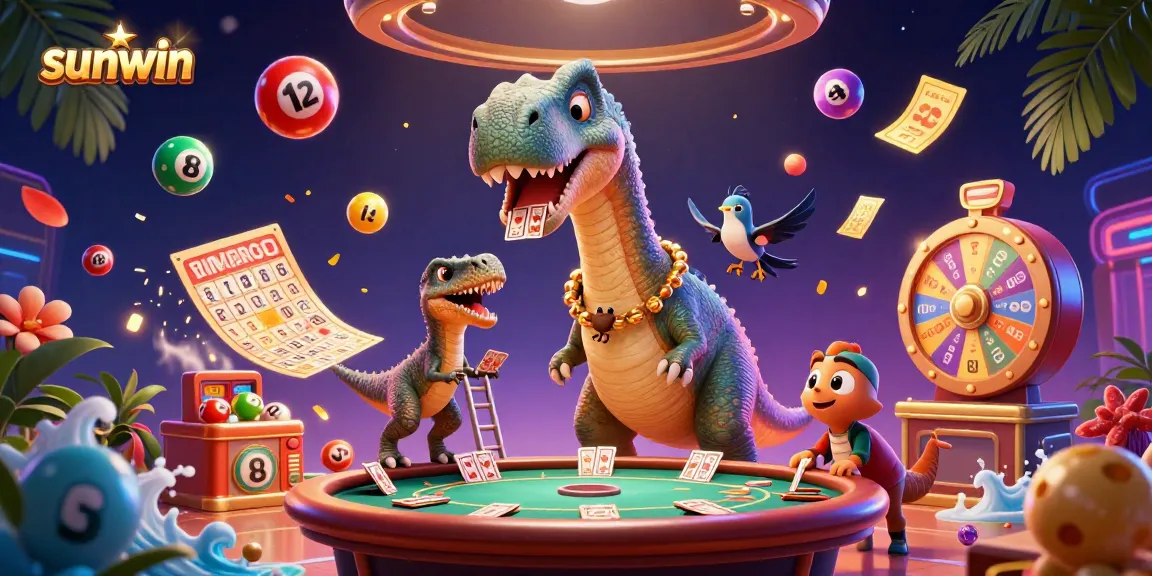Experience winning excitement at sunwin with colorful lottery elements and engaging characters in a dynamic casino scene.