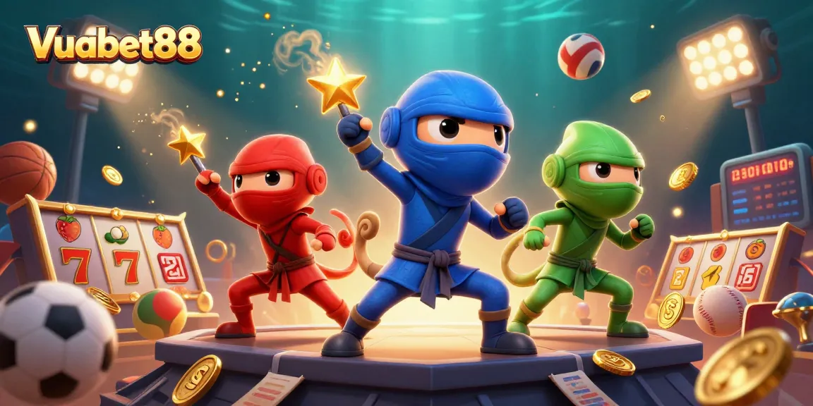 Experience thrilling slot action with Vuabet88's ninja chameleons in a vibrant casino scene.