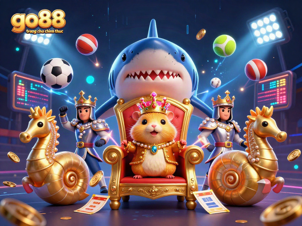 Experience the excitement of go88 trang chu chinh thuc with dynamic sports-themed illustration featuring a golden hamster king and vibrant casino elements.