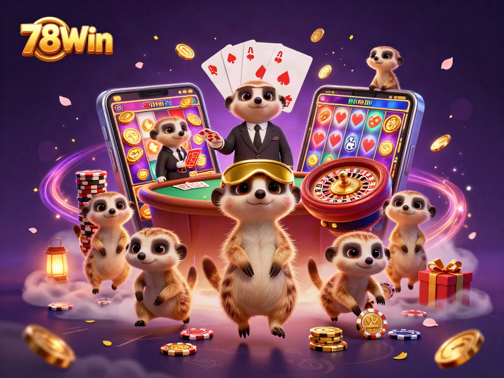 Engage with 78Win's vibrant 3D casino scene, showcasing dynamic meerkats in action.