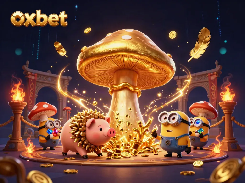 Experience the magic of Oxbet with a golden mushroom wizard and treasures in a vibrant casino setting.