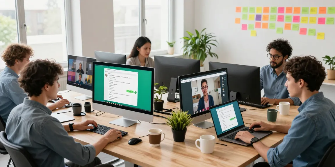 Team collaborating using WhatsApp電腦版 on desktops in a modern office setting.