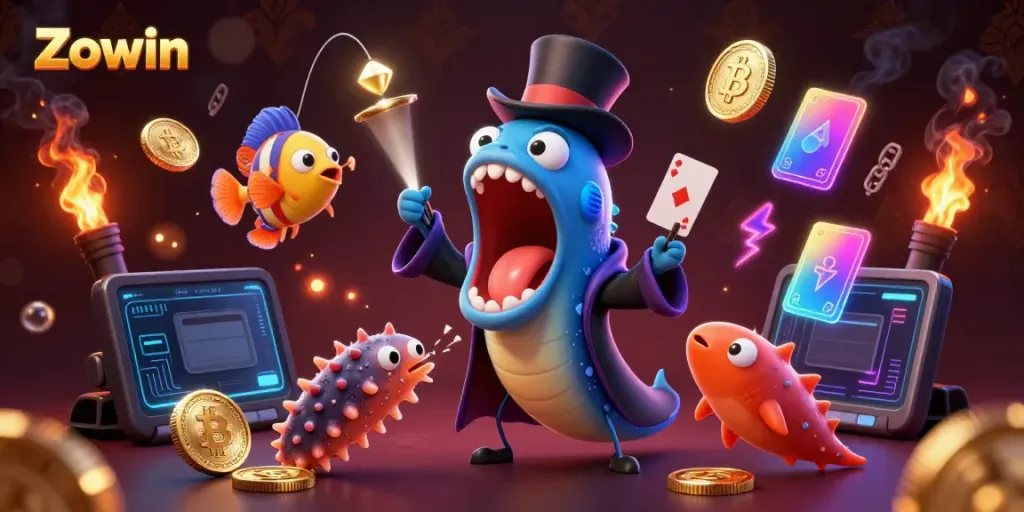Experience Zowin with a magical underwater casino scene featuring vibrant characters and dynamic game elements.