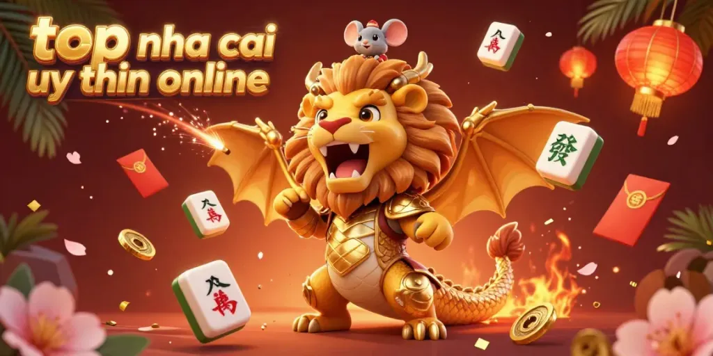 Experience thrilling online betting with top nha cai uy tin online, featuring a chimera creature amidst festive gaming symbols.