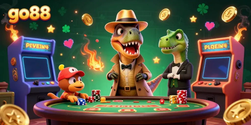 Join the fun at go88 where a velociraptor card counter attempts to blend in at the blackjack table while a stegosaurus watches suspiciously.