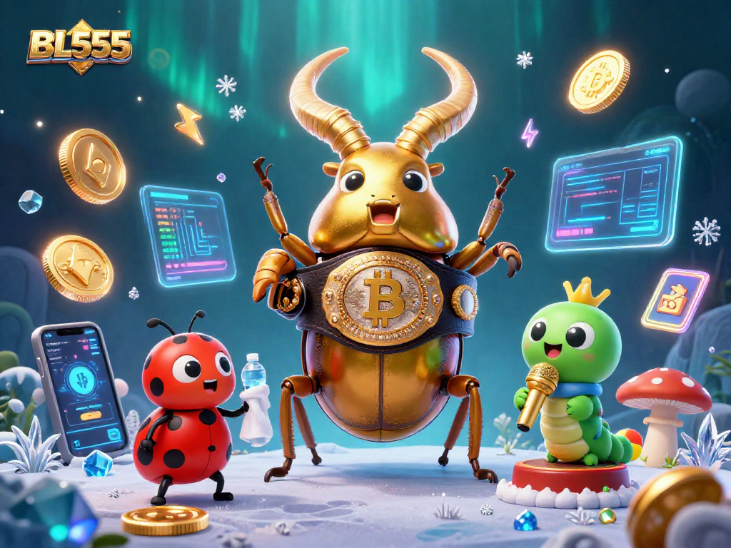 Compete and win with BL555 as the golden stag beetle battles in a vibrant casino arena.
