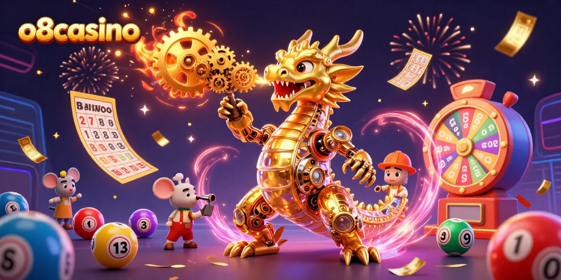 Experience the thrill of o8casino with dynamic lottery games illustrated by a golden dragon and colorful elements.