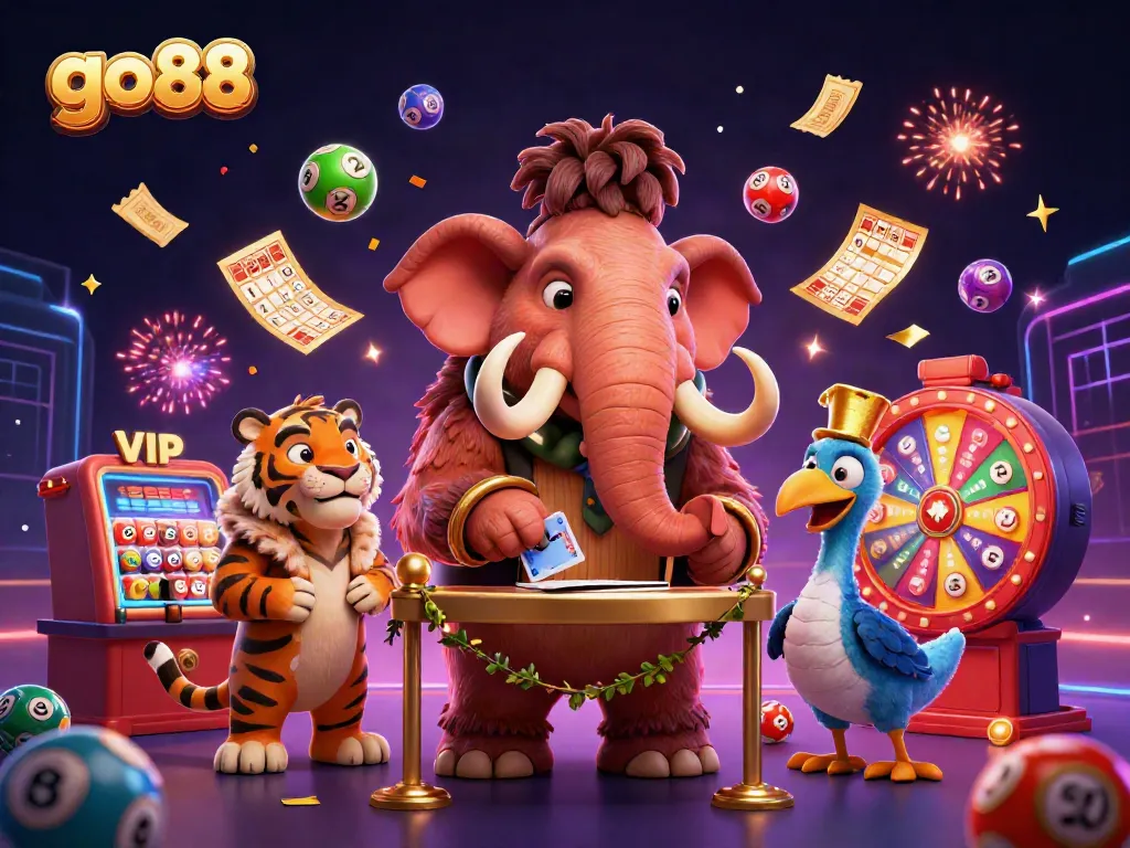 Engage with go88's vibrant casino experience featuring a unique woolly mammoth bouncer checking IDs.