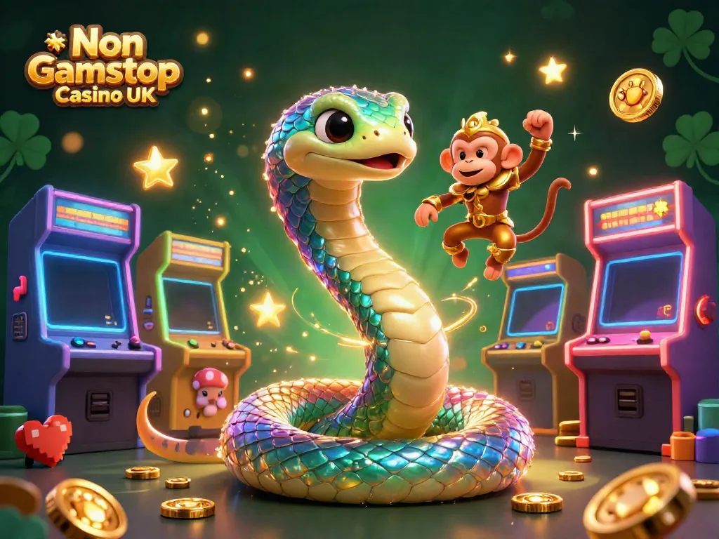 Experience the magic of Non Gamstop Casino UK with vibrant 3D illustration showcasing playful characters and gaming elements.