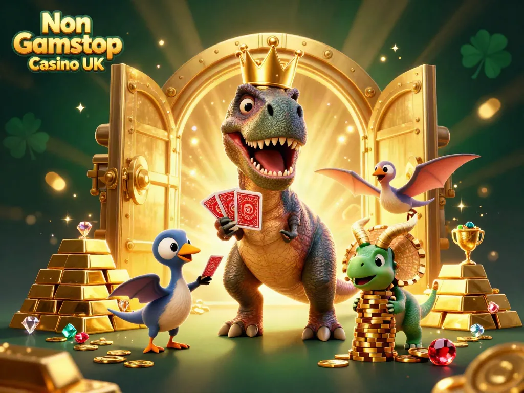 Engage with the dazzling world of Non Gamstop Casino UK featuring charming dinosaur characters and golden gems.