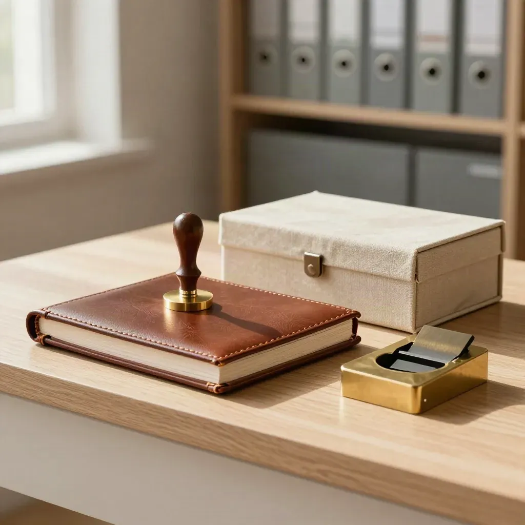 Leather company formation set, seal, archival box and brass paperweight on pale oak in warm archive light.