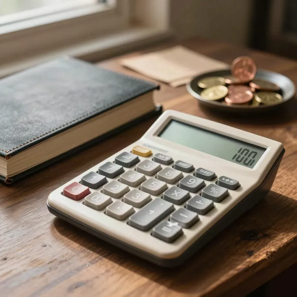 Calculator, closed ledger and sorted coins on a walnut bookkeeping bench in soft daylight.