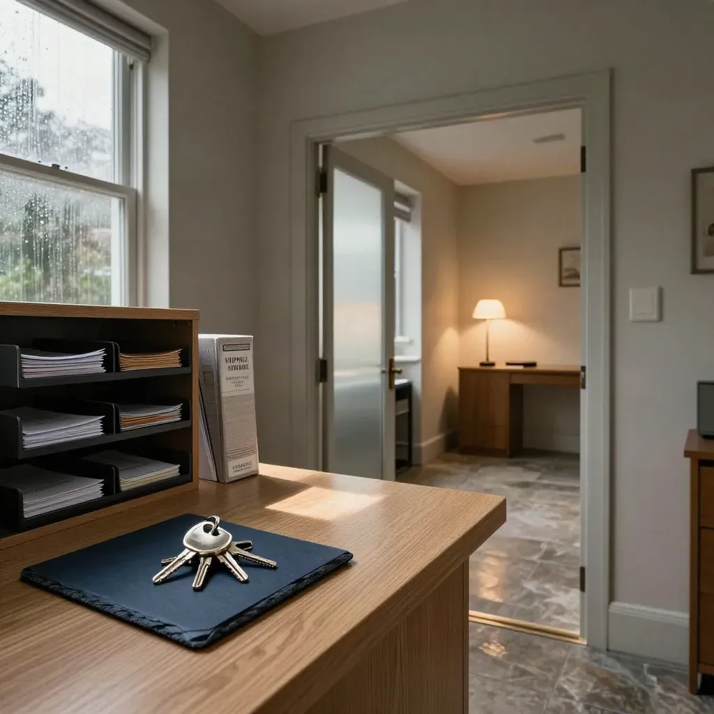 Empty serviced office suite with keys, mail trays and records in warm morning light