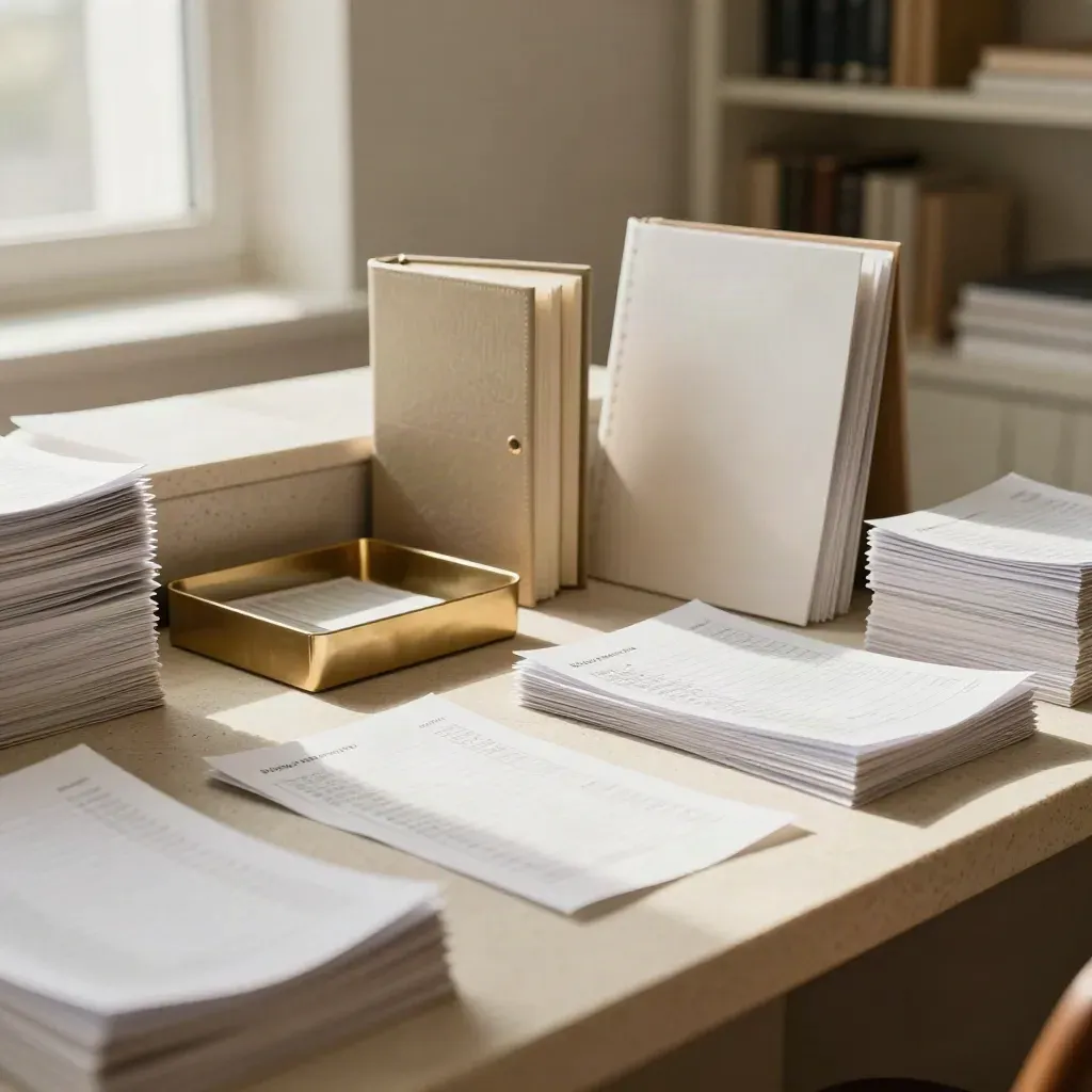 Sorted receipt bundles and a clean cash tray on a pale stone counter in a bookkeeping corner.