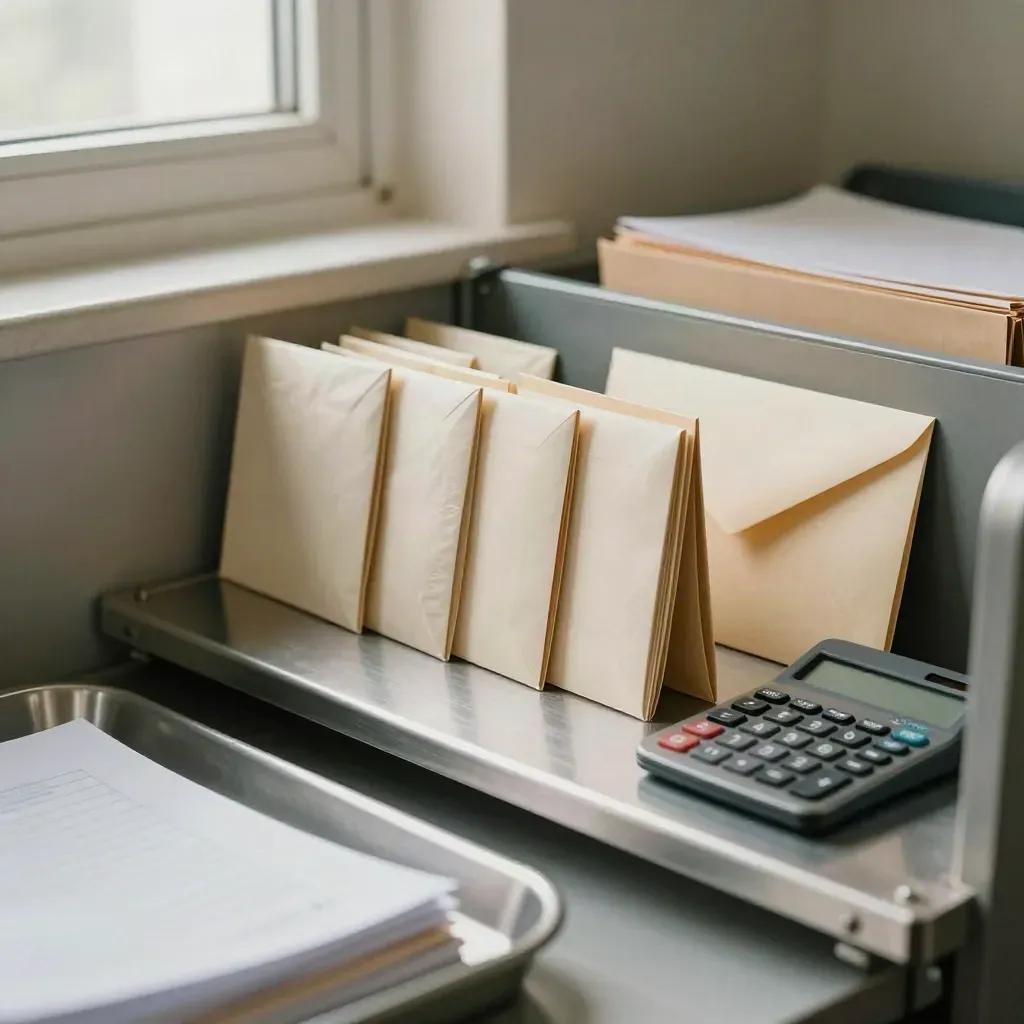 Six sealed payroll packets, a pension envelope, and calculator on a steel tray.