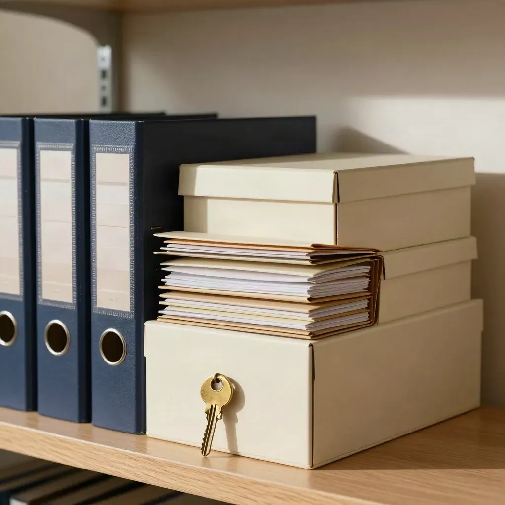 Tidy property records archive with binders, key ring and storage boxes in warm window light.