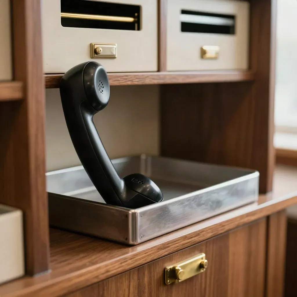 Phone handset, inbox tray and mail slots in a polished corporate reception mail wall.