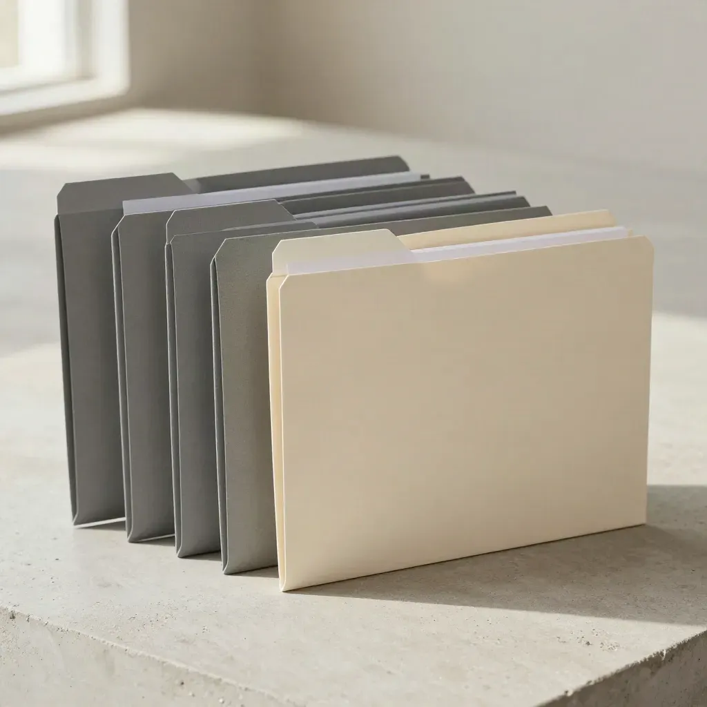 Five service folders on pale concrete, one ivory folder advanced under soft daylight.