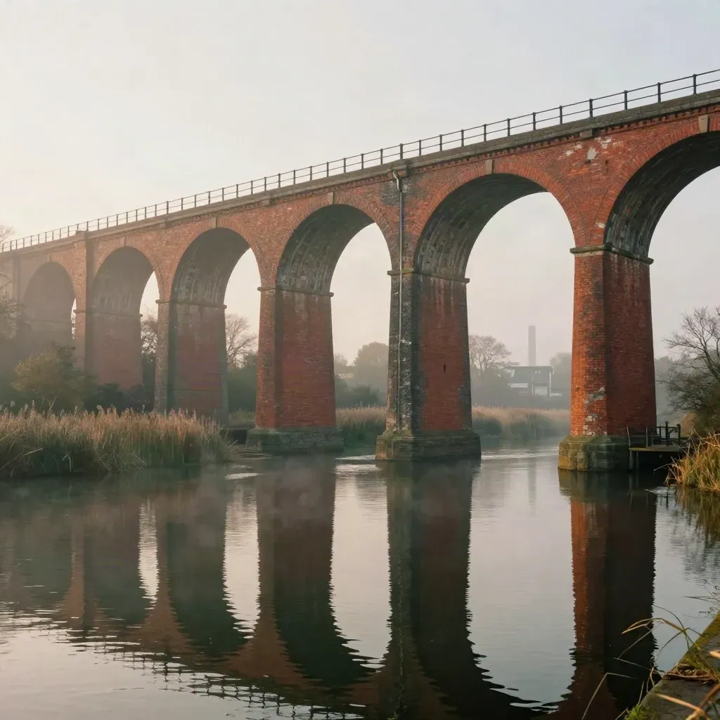 Red-brick canal viaducts above calm water in hazy morning light