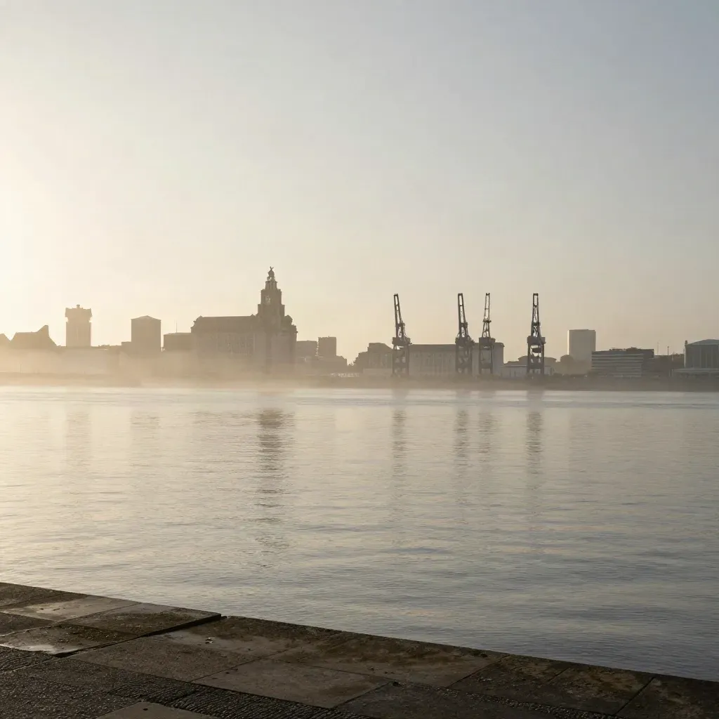 Liverpool waterfront and Mersey haze with calm water and skyline held high