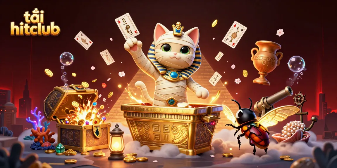 Immerse in the excitement of tải hitclub with a vibrant casino scene featuring a mummy cat and golden treasures.