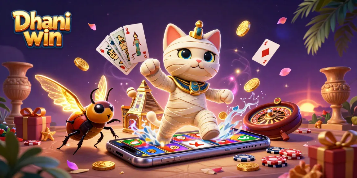 Dhani win showcases a vibrant 3D scene with a mummy cat and gaming elements, capturing excitement.