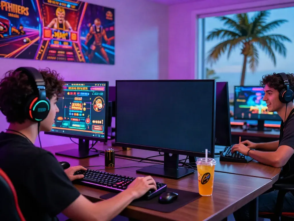 Engaged player at a desktop setup enjoying online gaming at http://sin88-onl.com/ with vibrant atmosphere and modern equipment.