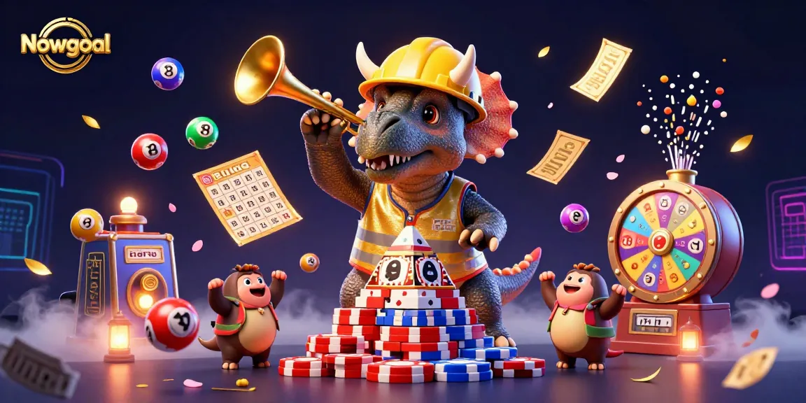 Experience the thrill of Nowgoal as a triceratops celebrates winning with vibrant lottery elements.