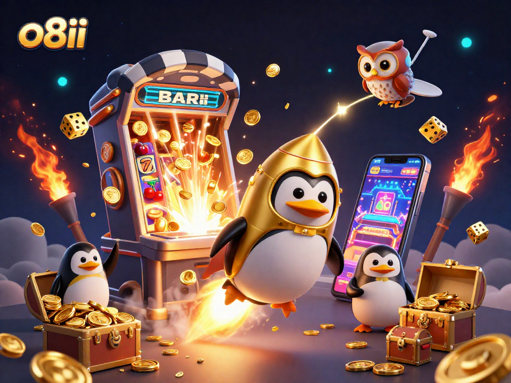 Experience thrilling wins at o8ii with a vibrant 3D casino adventure featuring golden penguins and jackpots.