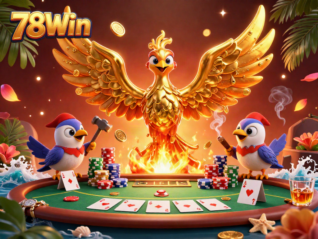 Win big at 78Win as a molten golden phoenix emerges from a dynamic casino scene.