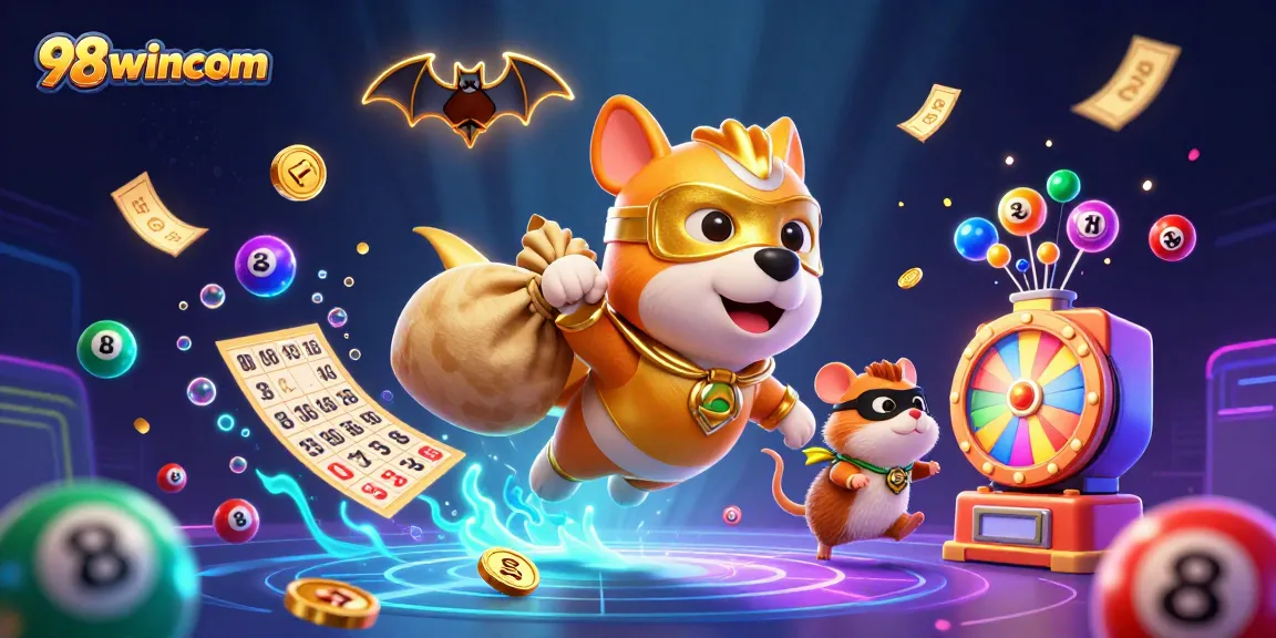 Engage with 98wincom's thrilling online gaming adventure featuring a superhero dog and colorful game elements!