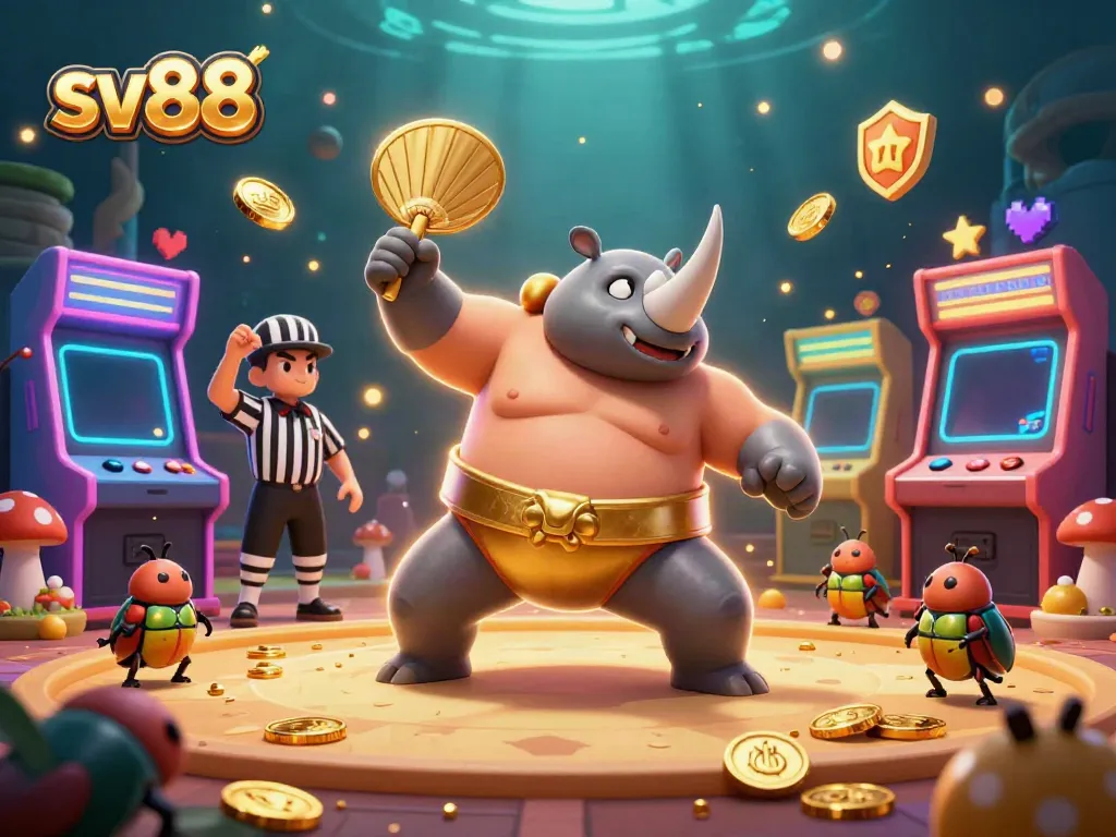 sv88 showcases a vibrant online casino adventure with the rhinoceros beetle champion amidst dazzling coins and arcade elements
