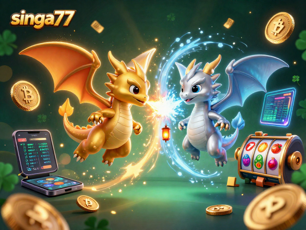 Experience the excitement of singa77 with twin dragons and vibrant casino elements.