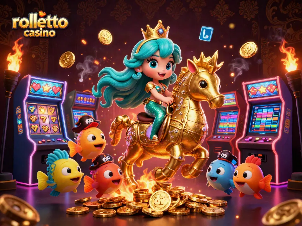 Engage with rolletto casino's vibrant 3D illustration showcasing a mermaid princess and gaming elements.