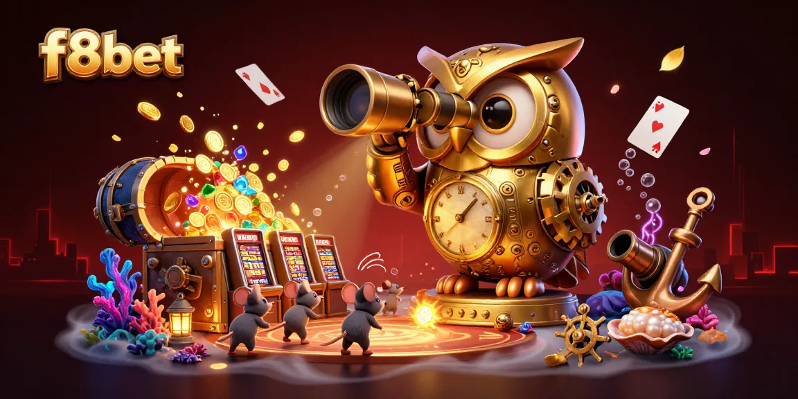 Experience thrilling gameplay at f8bet, where a massive clockwork owl and lively mice enhance the casino atmosphere.