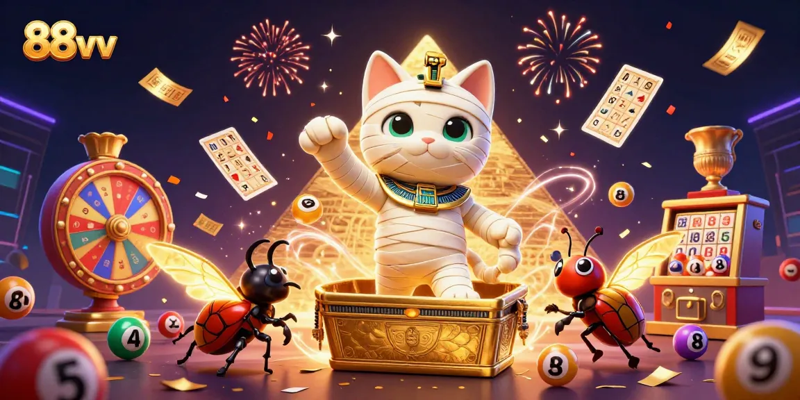 Experience thrilling gaming action at 88vv with joyful characters, vibrant casino elements, and exciting lottery visuals.