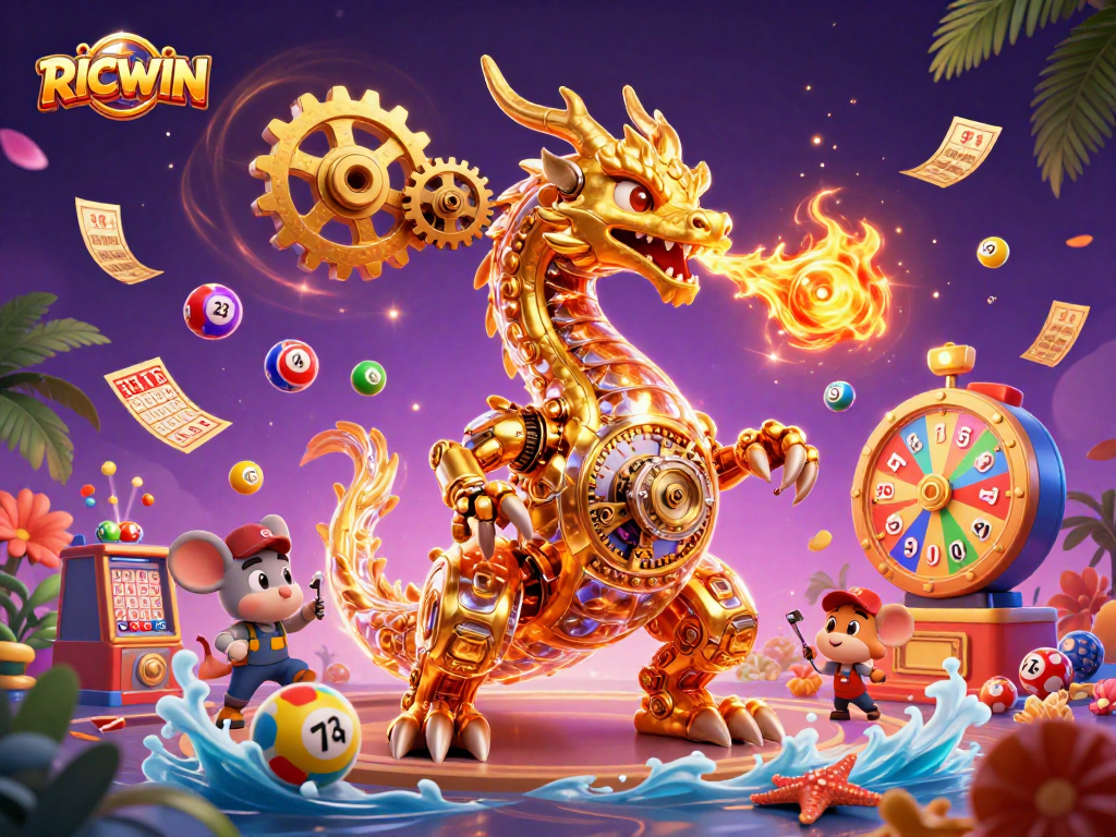 Experience the excitement of RICWIN with a biomechanical dragon amidst a vibrant casino scene.