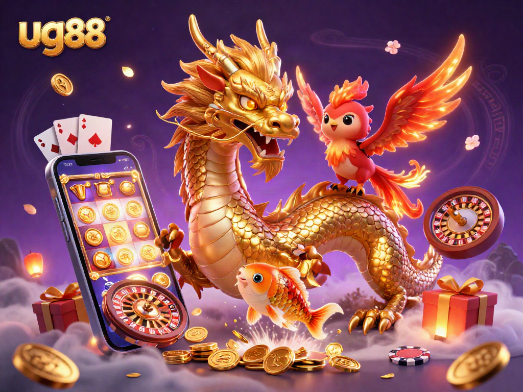 Experience thrilling gameplay with ug88, featuring a powerful dragon amidst casino elements.