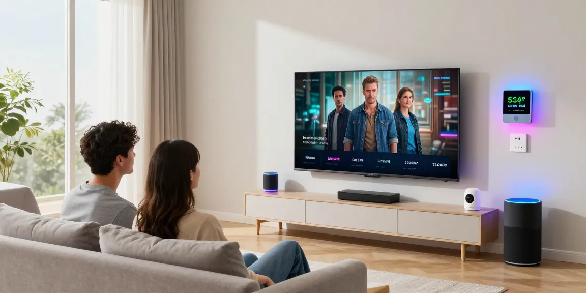 Couple enjoying the best smart home gadgets 2026 in a modern living room with smart lighting, speakers, and a smart thermostat.