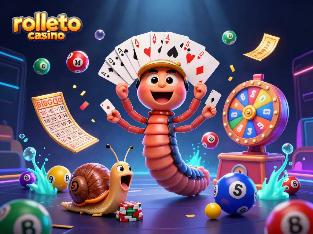rolletto casino features dynamic cartoon elements like a millipede dealer and colorful game items, showcasing excitement and engagement.