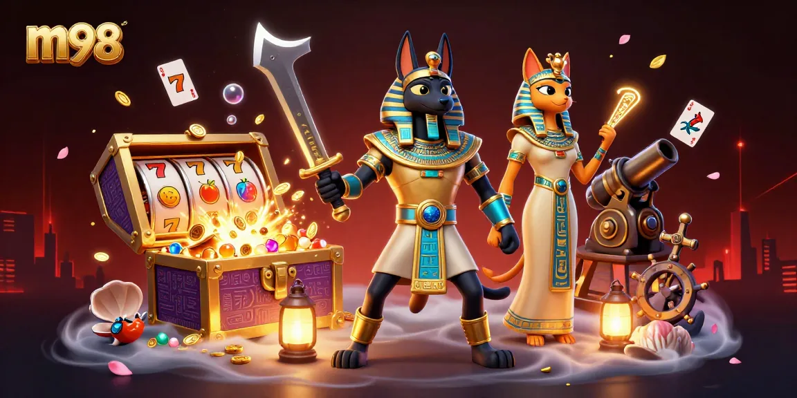 Win with m98 gaming in a vibrant casino adventure featuring Egyptian warriors and bustling treasure.