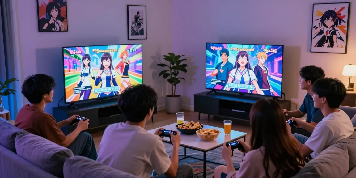 Group of friends enjoying a free ecchi game in a vibrant living room, showcasing interactive visuals and engaging atmosphere.