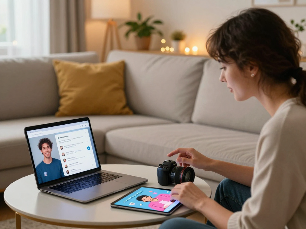 Couple exploring a sex AI app on devices in a cozy living room.