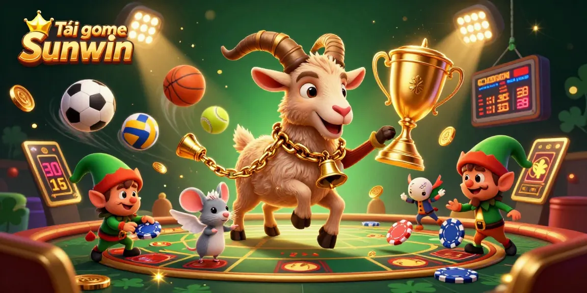 Tải game Sunwin in a vibrant casino scene with Krampus goat, angel mouse, and elf gremlins amidst lively games.