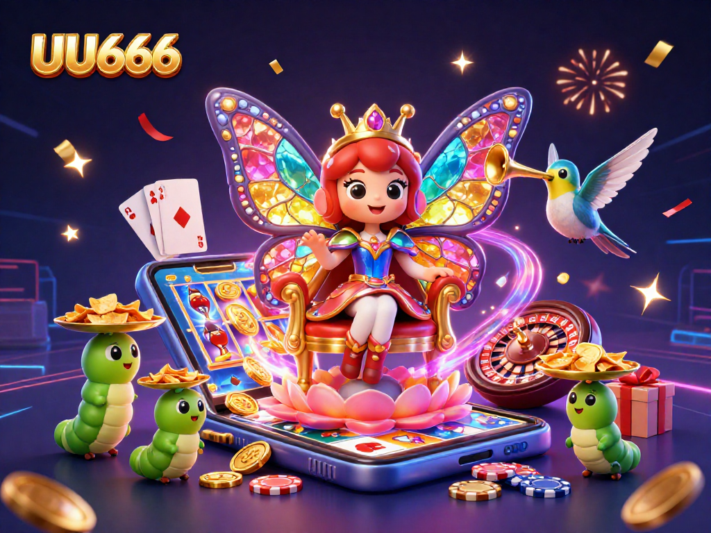 Experience the excitement of UU666 with a magical butterfly queen and dynamic casino elements.