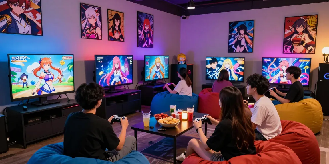Engaging friends playing hentai games in a colorful gaming room atmosphere.